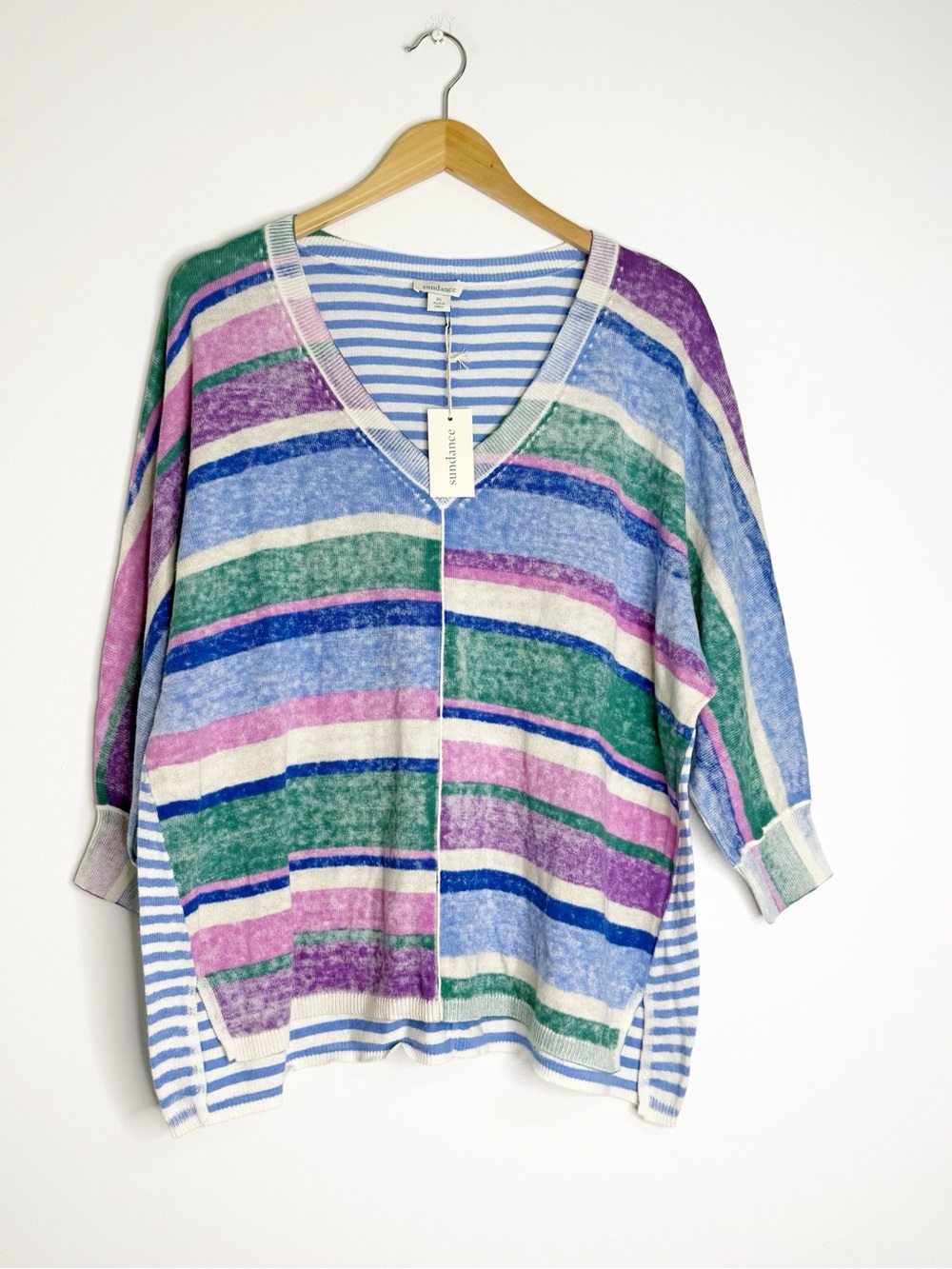 Sundance Striped Oversized V-Neck Cotton Sweater Size XL NWT